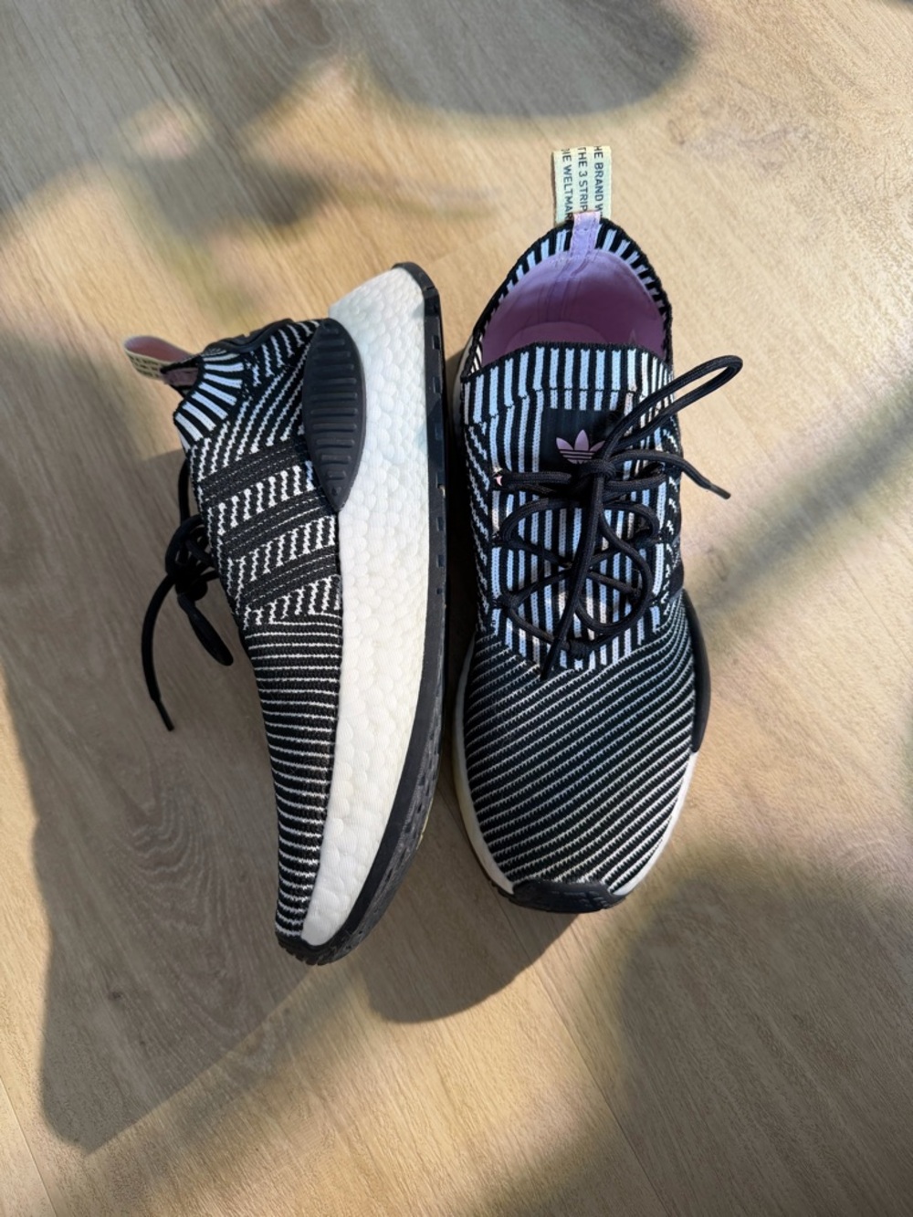 adidas Black & White Striped Knit Sneakers with Pink Lining
